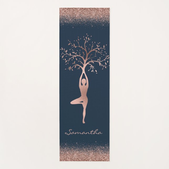 Personalized Rose Gold Tree Pose Namaste Yoga Mat (Front)