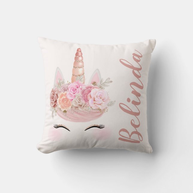 Personalized Rose Gold Unicorn Floral Throw Pillow (Front)