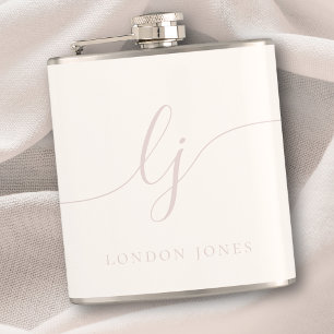 Personalized Rose Pink Script Ivory Bachelorette Hip Flask
