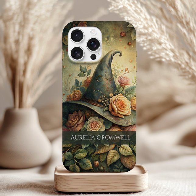 Personalized Rose Witch Hat Phone Case (Personalized Rose Witch Hat Phone Case on a table with neutral boho decor.)