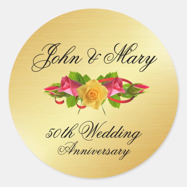 Personalized Roses & Gold 50th Wedding Anniversary Classic Round Sticker (Front)