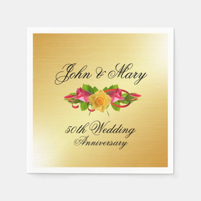 Personalized Roses & Gold 50th Wedding Anniversary Napkin (Front)