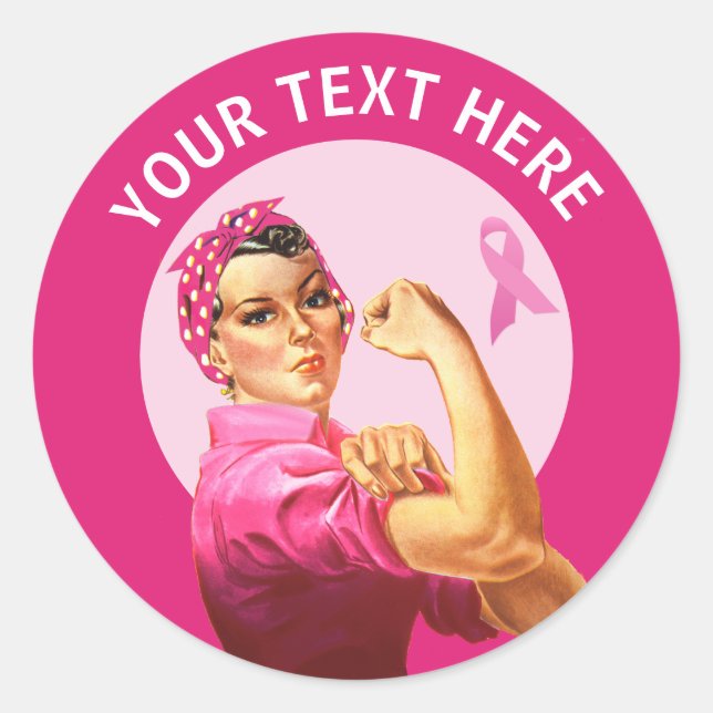 Personalized Rosie the Riveter Breast Cancer pink  Classic Round Sticker (Front)