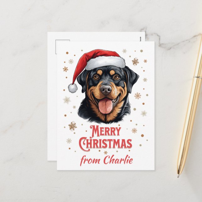 Personalized Rottweiler Dog Santa Merry Christmas Holiday Postcard (Front/Back In Situ)