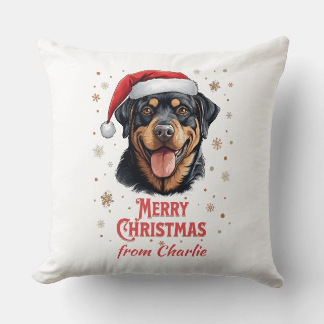 Personalized Rottweiler Dog Santa Merry Christmas Throw Pillow (Front)