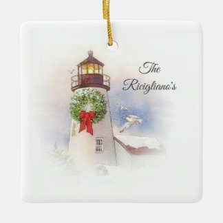 Personalized Round Ceramic Lighthouse Ornament