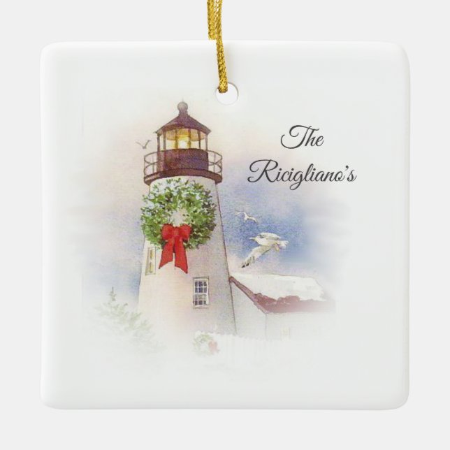 Personalized Round Ceramic Lighthouse Ornament (Front)