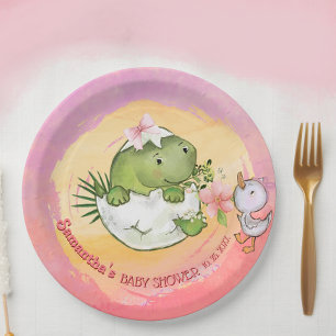 Personalized Round Dino & Duckling Baby Shower  Paper Plate