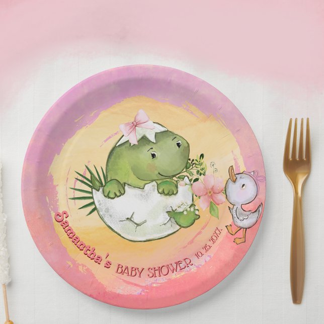 Personalized Round Dino & Duckling Baby Shower  Paper Plate (Personalized Round Dino & Duckling Baby Shower Paper Plates)