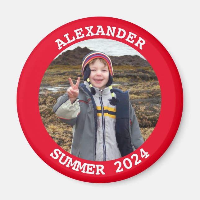 Personalized Round Family Photo Bright Red Magnet (Front)