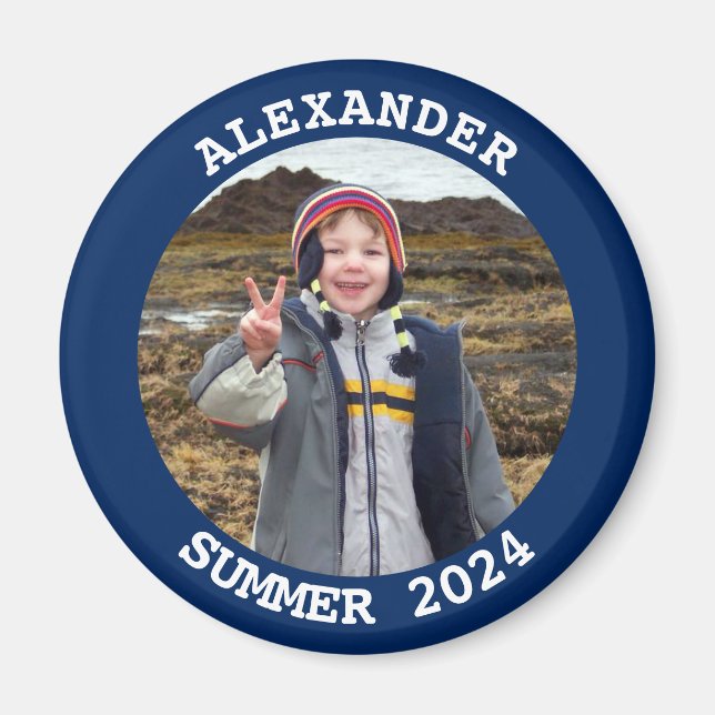Personalized Round Family Photo Navy Magnet (Front)