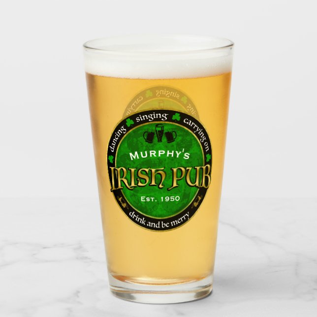 Personalized, Round Irish Pub Logo Glass (Front Filled)