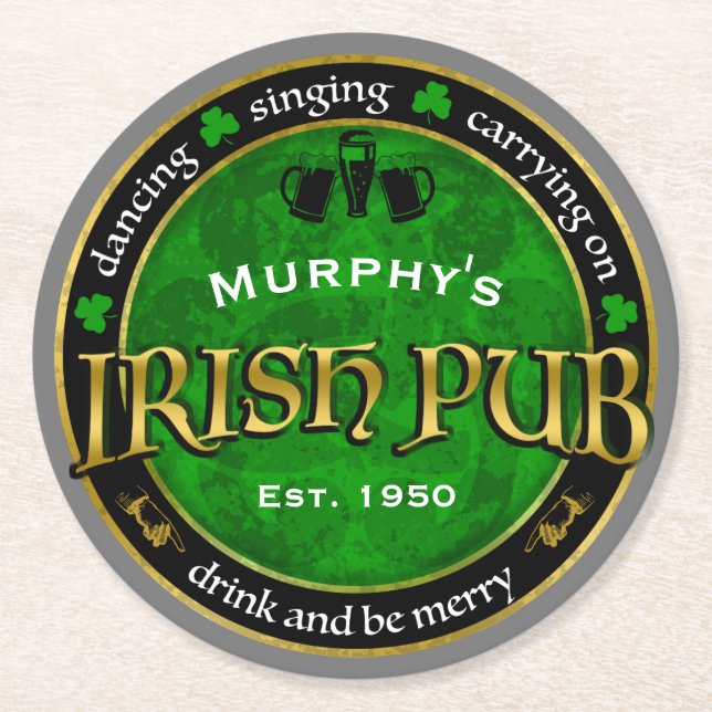 Personalized, Round Irish Pub Logo Round Paper Coaster (Front)