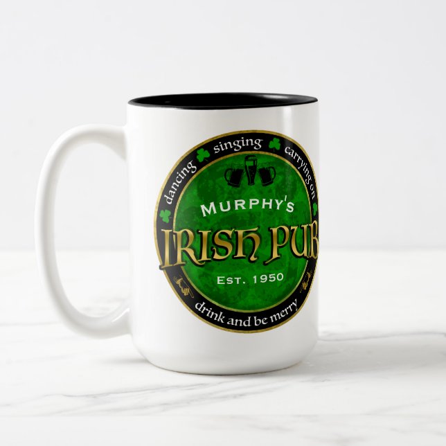 Personalized, Round Irish Pub Logo Two-Tone Coffee Mug (Left)