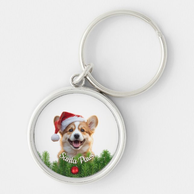 Personalized Round Keychain – Santa Paws Corgi  (Front)