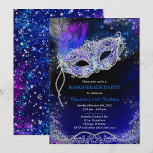 Personalized Royal Blue  Birthday Masquerade Invitation
