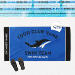 Personalized Royal Blue Swim Team Swimmer Name Beach Towel<br><div class="desc">Personalized swim team pool towel design for swimmers features custom text for the swimmer's first and last name, swim team club name, and mascot or other text. Add your team logo to the dolphin placeholder image. The colour scheme of royal blue, black and white can be modified to coordinate with...</div>