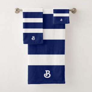 Personalized Royal Blue & White Stripes Pattern Bath Towel Set