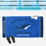 Personalized Royal Navy Swim Team Swimmer Name Beach Towel<br><div class="desc">Personalized swim team pool towel design for swimmers features custom text for the swimmer's first and last name, swim team club name, and mascot or other text. Add your team logo to the dolphin placeholder image. The colour scheme of royal blue, navy blue and white can be modified to coordinate...</div>