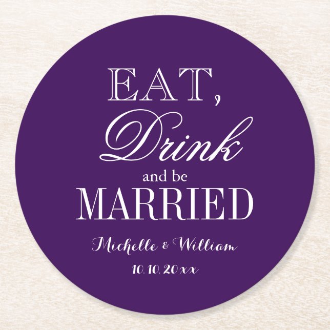 Personalized royal purple round wedding coasters (Front)