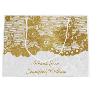 Personalized Royal Wedding Gold White Lace Large Gift Bag