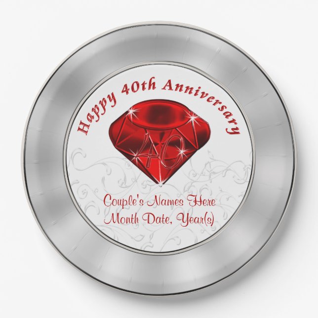 Personalized  Ruby 40th Anniversary Paper Plates (Front)