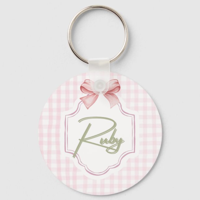 Personalized Ruby Baby Girl Nursery Bow&Gingham Keychain (Front)