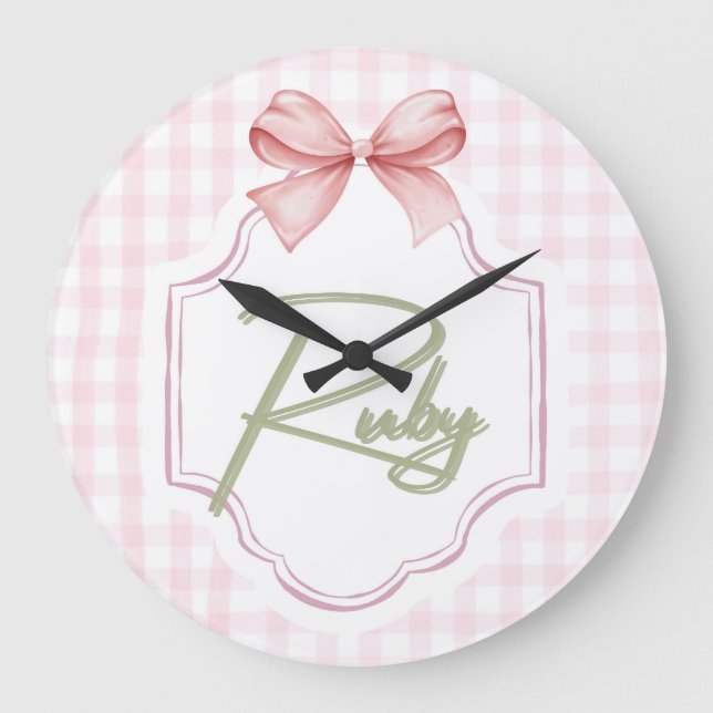 Personalized Ruby Baby Girl Nursery Bow&Gingham Large Clock (Front)