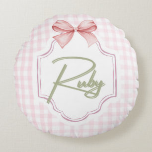 Personalized Ruby Baby Girl Nursery Bow&Gingham Round Pillow