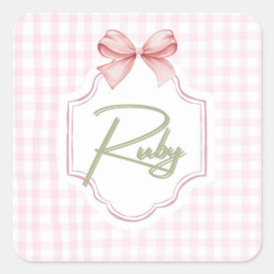Personalized Ruby Baby Girl Nursery Bow&Gingham Square Sticker