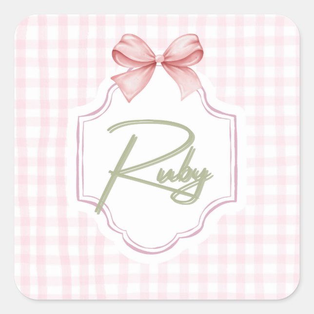 Personalized Ruby Baby Girl Nursery Bow&Gingham Square Sticker (Front)