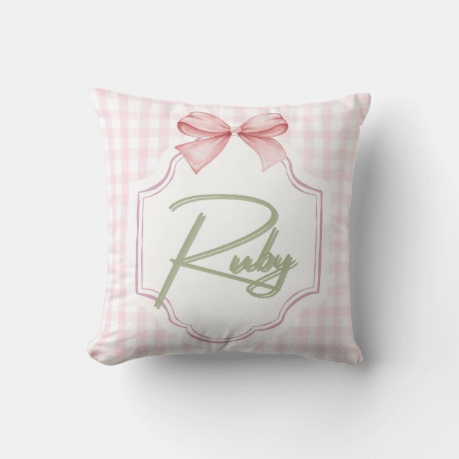 Personalized Ruby Baby Girl Nursery Bow&Gingham Throw Pillow (Front)