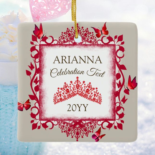 Personalized Ruby Red Tiara & Butterflies Ceramic Ornament (red butterflies & rhinestone tiara tree ornament, congratulations)