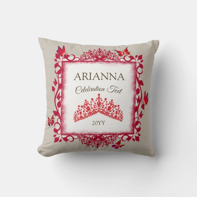 Personalized Ruby Red Tiara & Butterflies Throw Pillow (Front)
