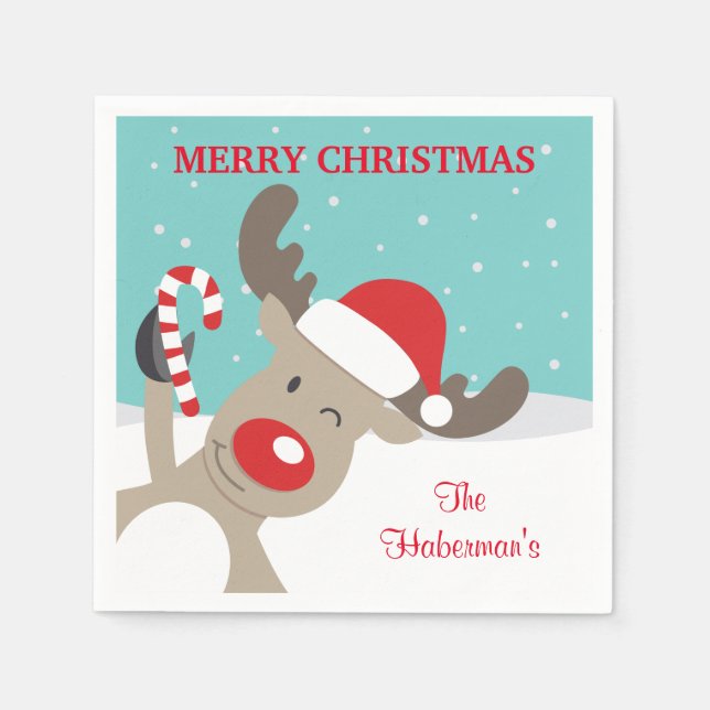 Personalized Rudolph Reindeer with Candy Cane Napkin (Front)