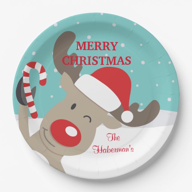 Personalized Rudolph Reindeer with Candy Cane Paper Plate (Front)