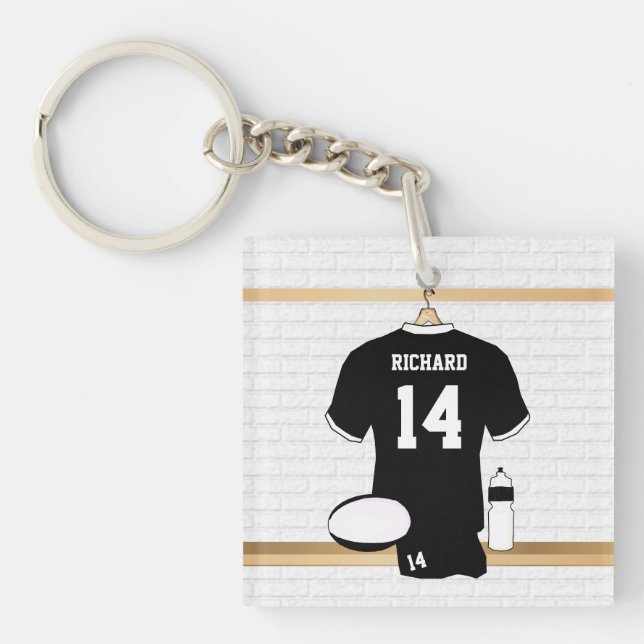 Personalized Rugby Jersey Black and White Keychain (Front)