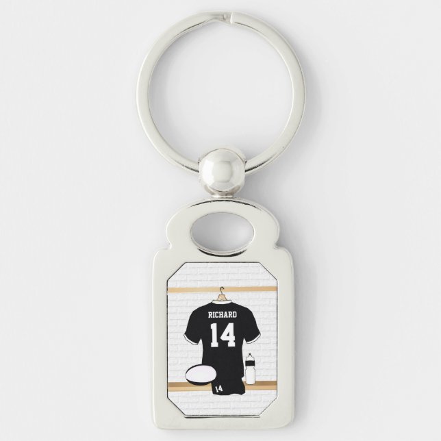 Personalized Rugby Jersey Black and White Keychain (Front)