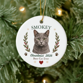 Personalized Russian Blue Cat Christmas Ceramic Ornament