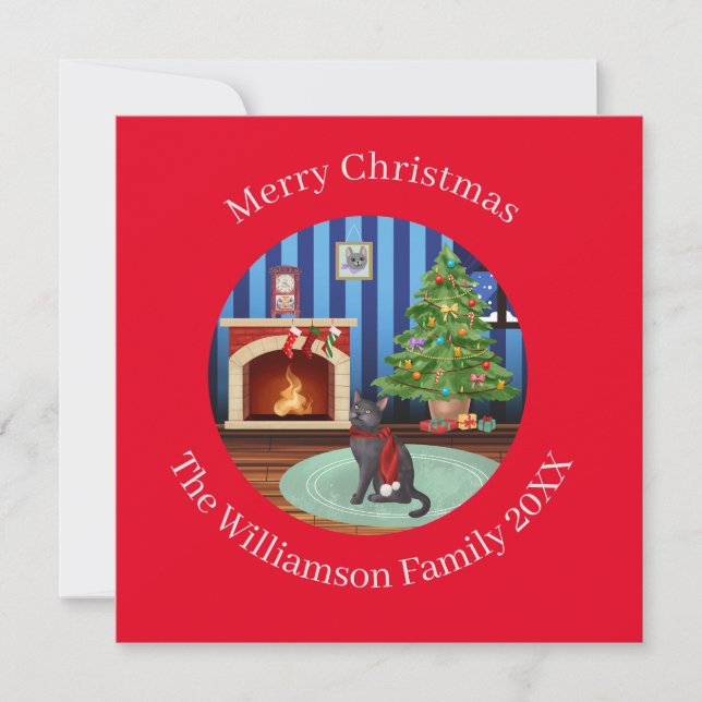 Personalized Russian Blue Kitty Cat Holiday Card (Front)