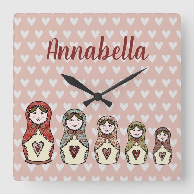 Personalized Russian Nesting Matryoshka Doll Square Wall Clock (Front)