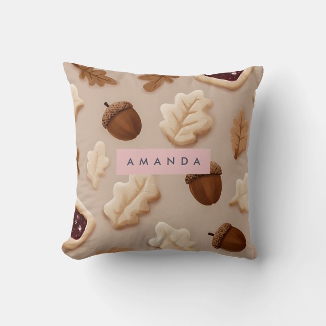 Personalized Rustic Acorn & Oak Leaf Pattern  Throw Pillow (Front)