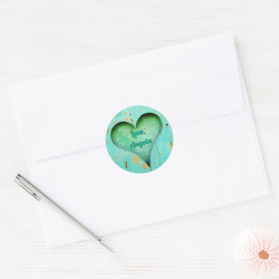Personalized Rustic Aqua Green Heart Classic Round Sticker