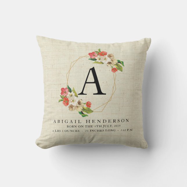 Personalized Rustic Baby Birth Stats Pillow (Front)