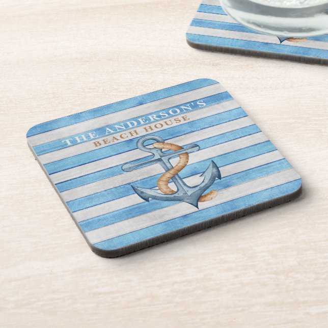 Personalized Rustic Beach House Nautical Stripes Coaster (Left Side)