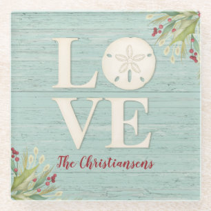Personalized Rustic Beach Sand Dollar Square Glass Coaster