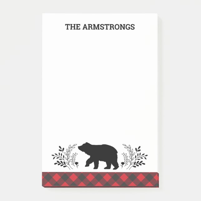 Personalized Rustic Bear Buffalo Plaid Post-it Notes (Front)