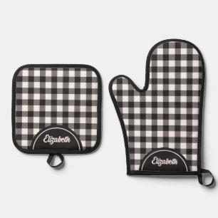 Personalized Rustic Black White Buffalo Plaid Oven Mitt & Pot Holder Set