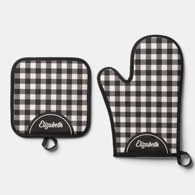 Personalized Rustic Black White Buffalo Plaid Oven Mitt & Pot Holder Set (Front)