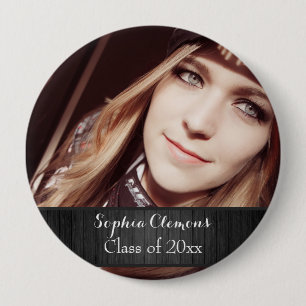 Personalized Rustic Black Wood Photo Grad Year 4 Inch Round Button
